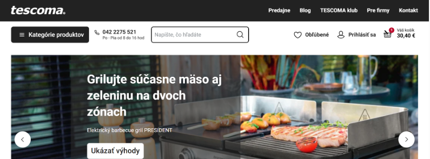 Úvodná stránka e-shopu Tescoma.sk s kvalitnými kuchynskými potrebami, domácimi spotrebičmi a príslušenstvom pre varenie, pečenie a stolovanie