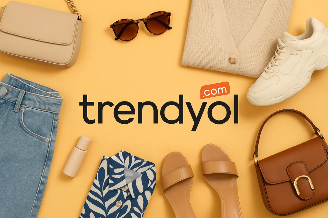 Logo Trendyol uprostřed koláže s oblečením, kabelkami, obuví a módními doplňky