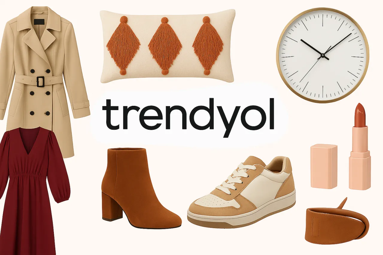 Koláž produktov z e-shopu Trendyol – kabát, šaty, topánky, tenisky, vankúš, hodiny, rúž