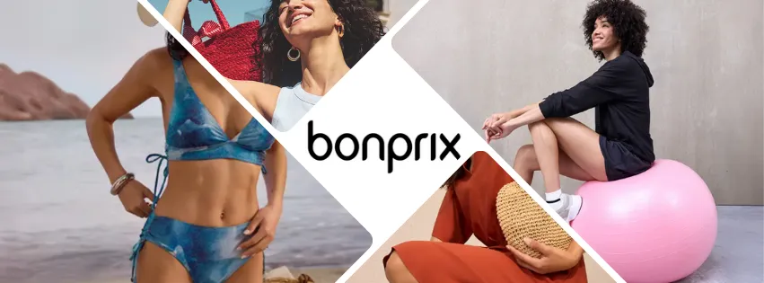 Ilustrační produkty z Bonprix.cz – šaty, trika, džíny a domácí textil v různých stylech a velikostech