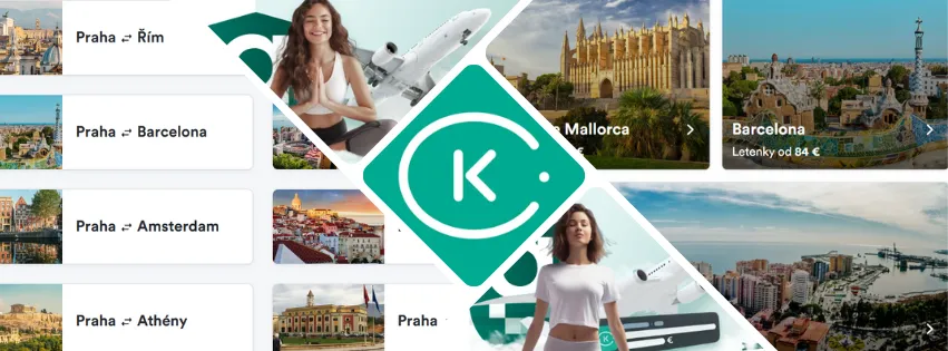 KiwiIlustrační produkty z Kiwi.com – nabídky na letenky, hotely a pronájmy aut s interaktivní mapou a průvodcem letišti