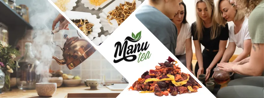 Ilustrační produkty z ManuTea.cz – sypané čaje jako Pi Lo Chun, Andělské ovoce, Harmonie žen a Postava snů pro každou příležitost