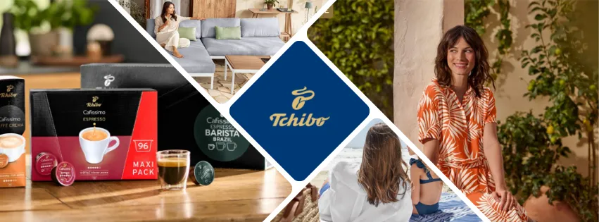 Ilustrační produkty z Tchibo.cz – zrnková káva, kávovary Cafissimo a stylové oblečení pro ženy a muže