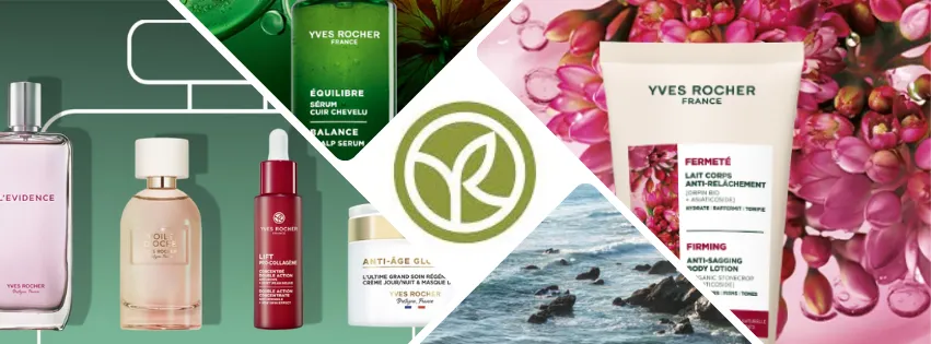 Ilustrační produkty z Yves-Rocher.cz – šampony, sprchové gely, parfémy a dekorativní kosmetika s rostlinnými složkami