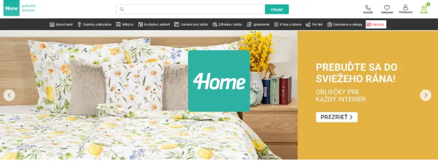 Domovská stránka e-shopu 4Home.sk so zľavami na bytové doplnky, posteľnú bielizeň a kuchynské potreby