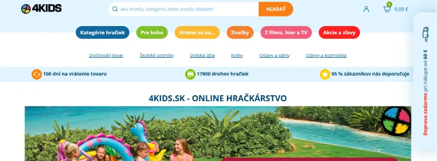 Úvodná stránka e-shopu 4kids.sk so širokým výberom hračiek, hier a detských potrieb