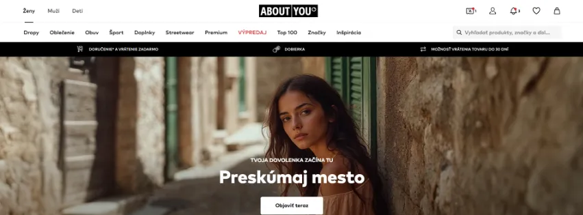 Úvodná stránka AboutYou.sk s módnymi novinkami, oblečením a obuvou pre ženy, mužov aj deti