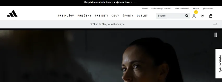 Úvodná stránka e-shopu Adidas.sk so športovým oblečením, obuvou a doplnkami pre mužov, ženy a deti