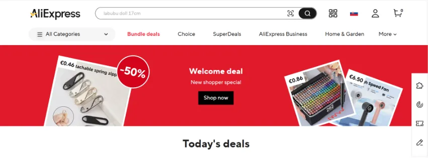 Úvodná stránka Aliexpress.com s ponukou elektroniky, módy, doplnkov do domácnosti a ďalších produktov