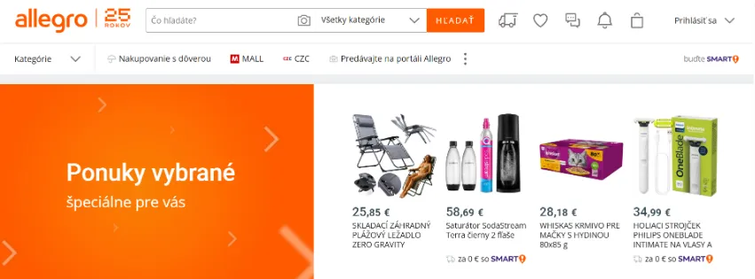 Úvodná stránka e-shopu Allegro.sk s ponukou elektroniky, módy, domácich potrieb a ďalších produktov