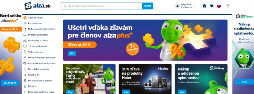 Úvodná stránka e-shopu Alza.sk so širokou ponukou elektroniky, spotrebičov a smart zariadení