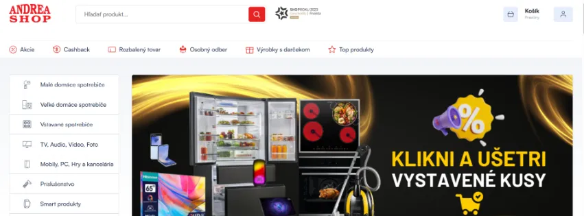 Úvodná stránka e-shopu AndreaShop.sk so spotrebičmi, elektronikou a vybavením do domácnosti