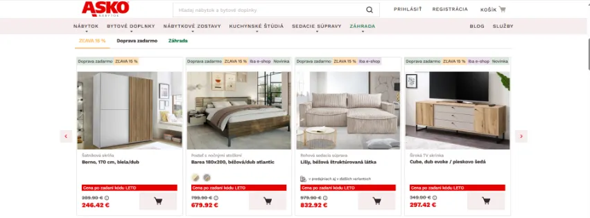 Úvodná stránka e-shopu Asko-nabytok.sk s moderným nábytkom a štýlovými bytovými doplnkami