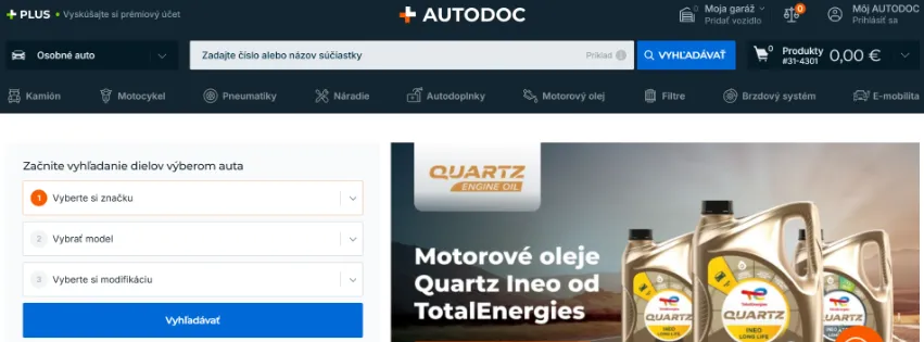 Úvodná stránka e-shopu Autodoc.sk s ponukou autodielov, príslušenstva a náhradných dielov pre automobily
