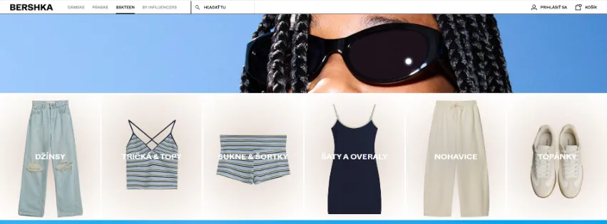Úvodná stránka módneho e-shopu Bershka.com s aktuálnou ponukou dámskej a pánskej módy
