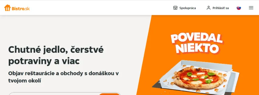 Úvodná stránka e-shopu Bistro.sk s ponukou donášky jedla z miestnych reštaurácií a obchodov po celom Slovensku