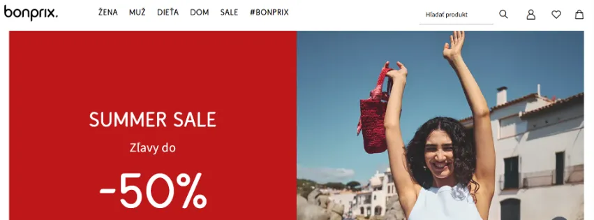 Úvodná stránka e-shopu Bonprix.sk s módou, oblečením a doplnkami pre ženy, mužov a deti