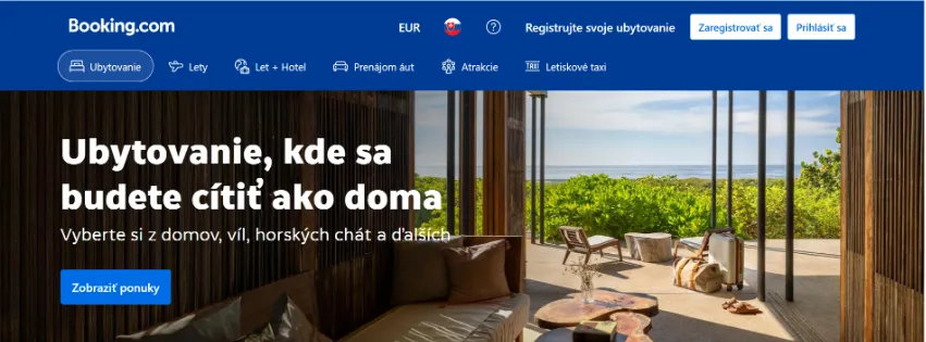 Úvodná stránka Booking.com s ponukou ubytovaní, hotelov a dovoleniek po celom svete