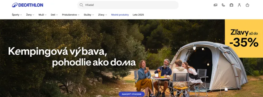 Úvodná stránka e-shopu Decathlon.sk s bohatou ponukou športového vybavenia a outdoorového oblečenia