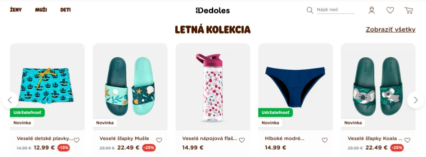 Úvodná stránka e-shopu Dedoles.sk s farebným oblečením, ponožkami a doplnkami plnými originálnych vzorov