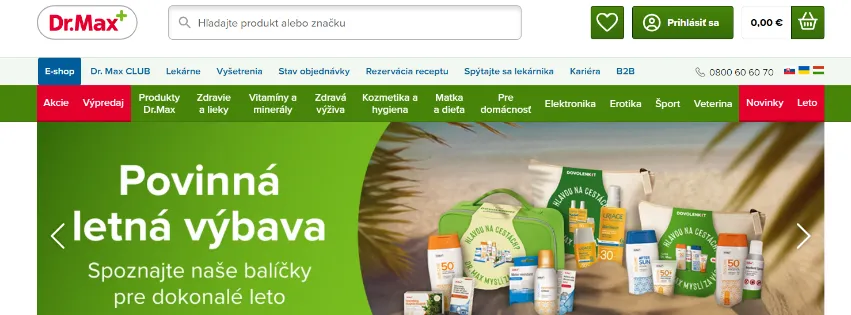 Úvodná stránka e-shopu DrMax.sk s lekárenskými produktmi, vitamínmi a zdravotníckymi potrebami