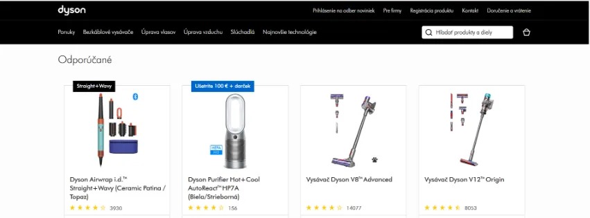 Úvodná stránka e-shopu Dyson.sk s prémiovými vysávačmi, ventilátormi a kozmetickými prístrojmi