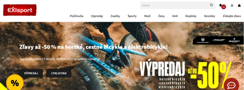 Úvodná stránka e-shopu Exisport.com s ponukou športového oblečenia, obuvi a vybavenia pre rôzne športy