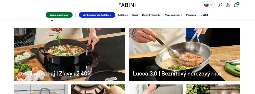 Úvodná stránka e-shopu Fabini.sk s kvalitným nerezovým riadom, panvicami a hrncami pre modernú kuchyňu