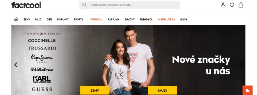 Úvodná stránka e-shopu Factcool.sk s módou, obuvou a doplnkami pre mužov, ženy aj deti