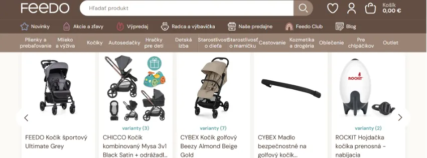 Úvodná stránka e-shopu Feedo.sk s detskou výživou, dojčenskými potrebami a doplnkami pre bábätká