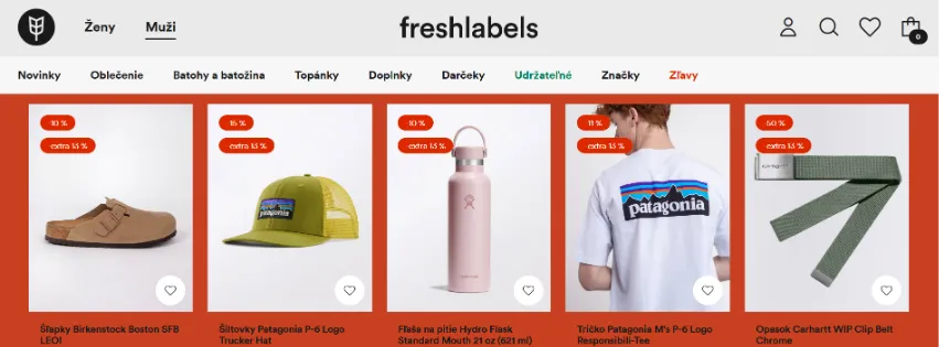 Úvodná stránka e-shopu Freshlabels.sk s moderným dámskym a pánskym oblečením a módnymi doplnkami