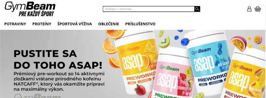 Úvodná stránka e-shopu GymBeam.sk s ponukou športovej výživy, doplnkov a fitness pomôcok