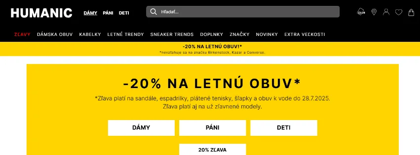 Úvodná stránka e-shopu Humanic.net s módnou obuvou pre mužov, ženy a deti v rôznych štýloch
