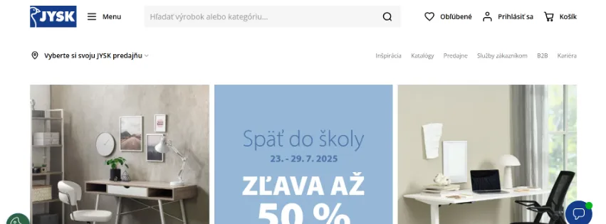 Úvodná stránka e-shopu JYSK.sk s nábytkom, bytovými doplnkami a dekoráciami pre moderný domov