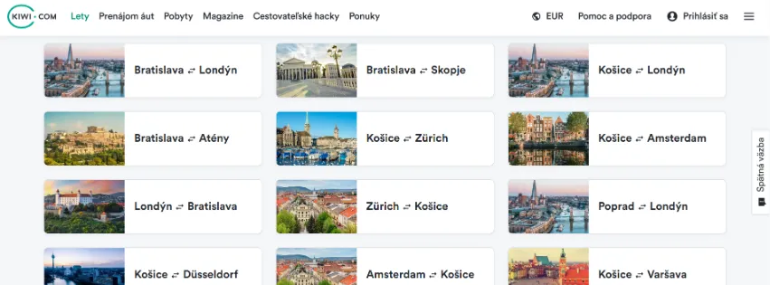 Úvodná stránka Kiwi.com s ponukou lacných leteniek, letov a cestovných služieb online