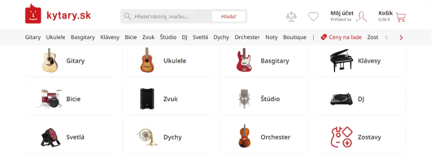 Úvodná stránka e-shopu Kytary.sk s ponukou gitár, hudobných nástrojov a príslušenstva