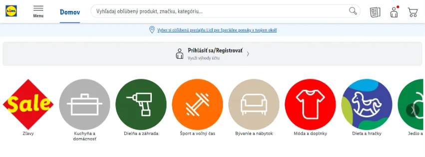 Úvodná stránka e-shopu Lidl.sk s aktuálnymi zľavami, módou, elektronikou a domácimi potrebami