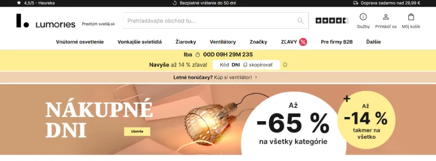 Úvodná stránka e-shopu Lumories.sk s modernými svietidlami, LED osvetlením a dekoratívnymi lampami pre domácnosť