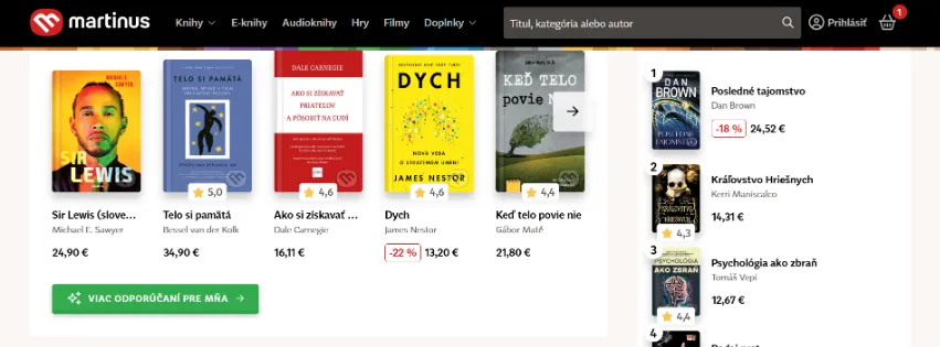 Úvodná stránka e-shopu Martinus.sk s ponukou kníh pre deti, beletrie, e-kníh a audiokníh