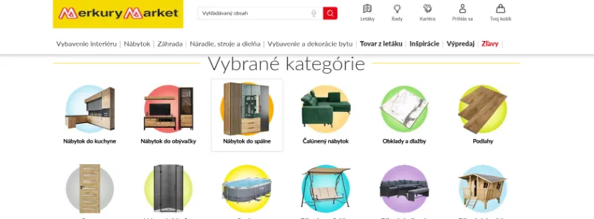 Úvodná stránka e-shopu MerkuryMarket.sk so širokou ponukou stavebných materiálov, nábytku, osvetlenia a záhradných potrieb
