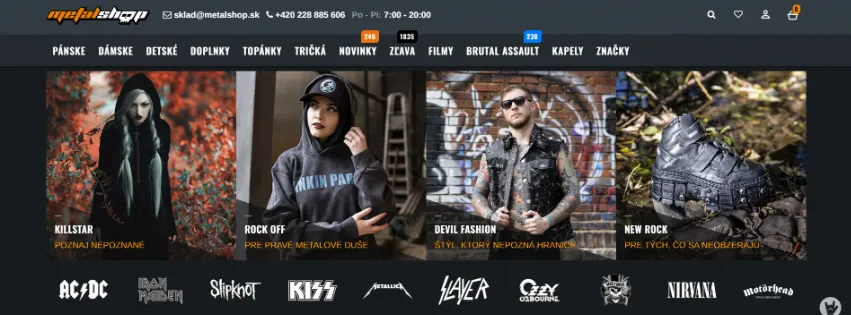 Úvodná stránka e-shopu Metalshop.sk s ponukou tričiek, mikín, topánok a doplnkov pre metalovú a punkovú komunitu