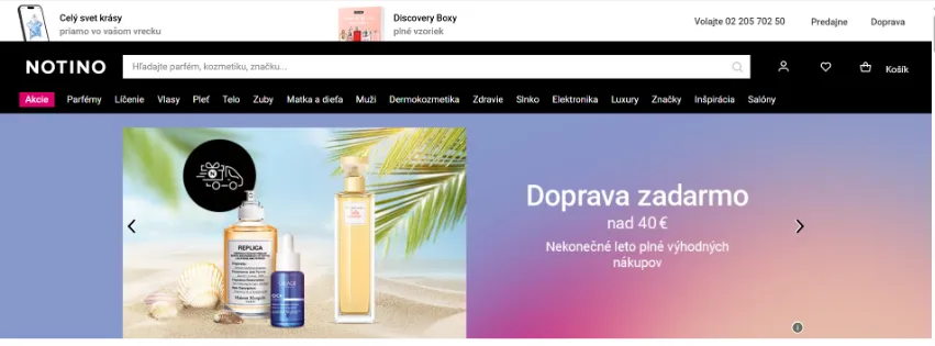 Úvodná stránka e-shopu Notino.sk s kozmetikou, parfumami a produktmi starostlivosti o pleť a vlasy