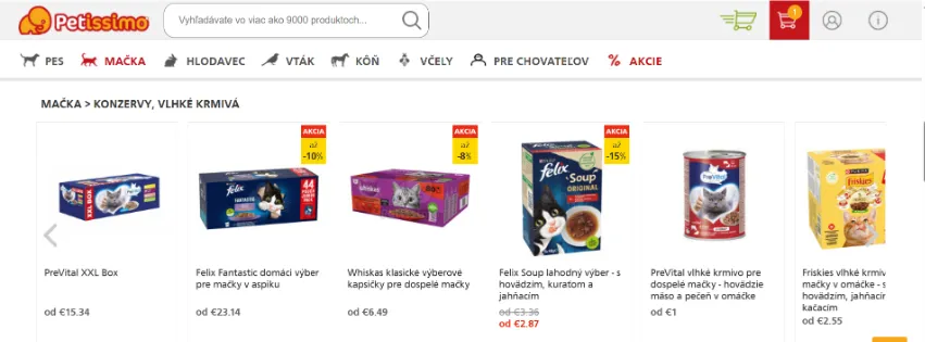 Úvodná stránka e-shopu Petissimo.sk s kompletným sortimentom pre psov, mačky, hlodavce, vtáky a kone – krmivá, hračky, antiparazitiká a výbava