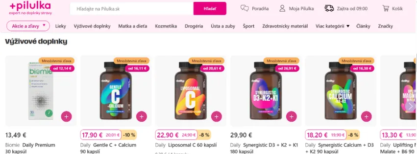 Úvodná stránka e-shopu Pilulka.sk s lekárenskými produktmi, vitamínmi, doplnkami stravy a kozmetikou