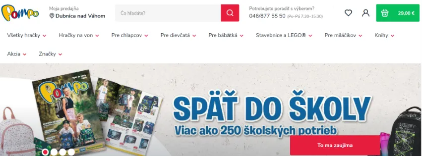 Úvodná stránka e-shopu Pompo.sk s hračkami pre deti všetkých vekových kategórií, vrátane LEGO®, plyšových hračiek a kreatívnych súprav
