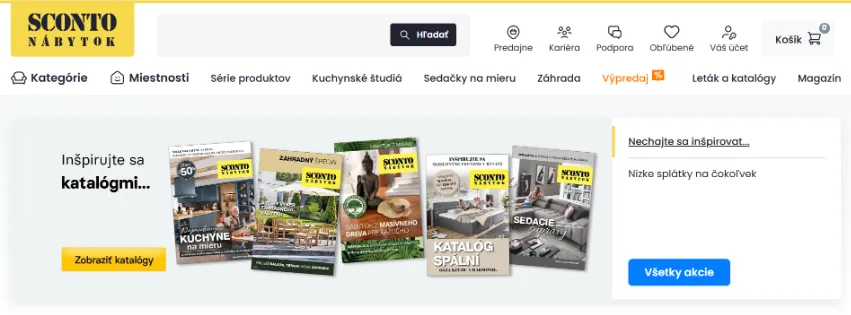 Úvodná stránka e-shopu Sconto.sk s moderným nábytkom, bytovými doplnkami a aktuálnymi akčnými ponukami
