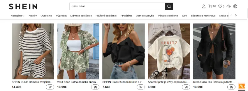 Úvodná stránka e-shopu Shein.com s aktuálnymi zľavami, trendovými outfitmi a širokým výberom oblečenia a doplnkov pre ženy, mužov a deti