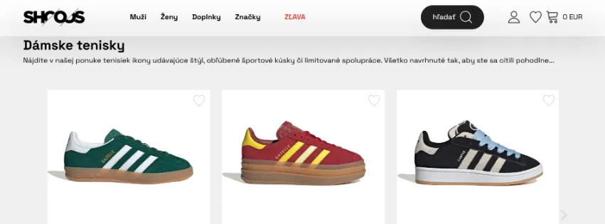 Úvodná stránka e-shopu Shooos.sk s exkluzívnymi teniskami, topánkami a oblečením od značiek ako Nike, Adidas, Converse a Puma