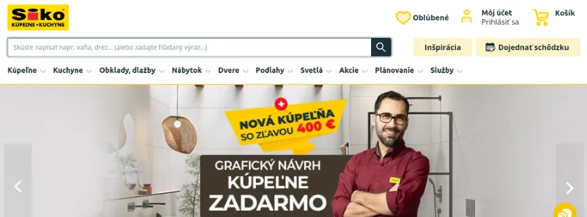 Úvodná stránka e-shopu SIKO.sk s ponukou kúpeľňového a kuchynského vybavenia, obkladov, dlažieb, dverí a podláh