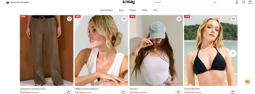 Úvodná stránka e-shopu Sinsay.com s módou, obuvou a doplnkami pre ženy, mužov a deti za výhodné ceny